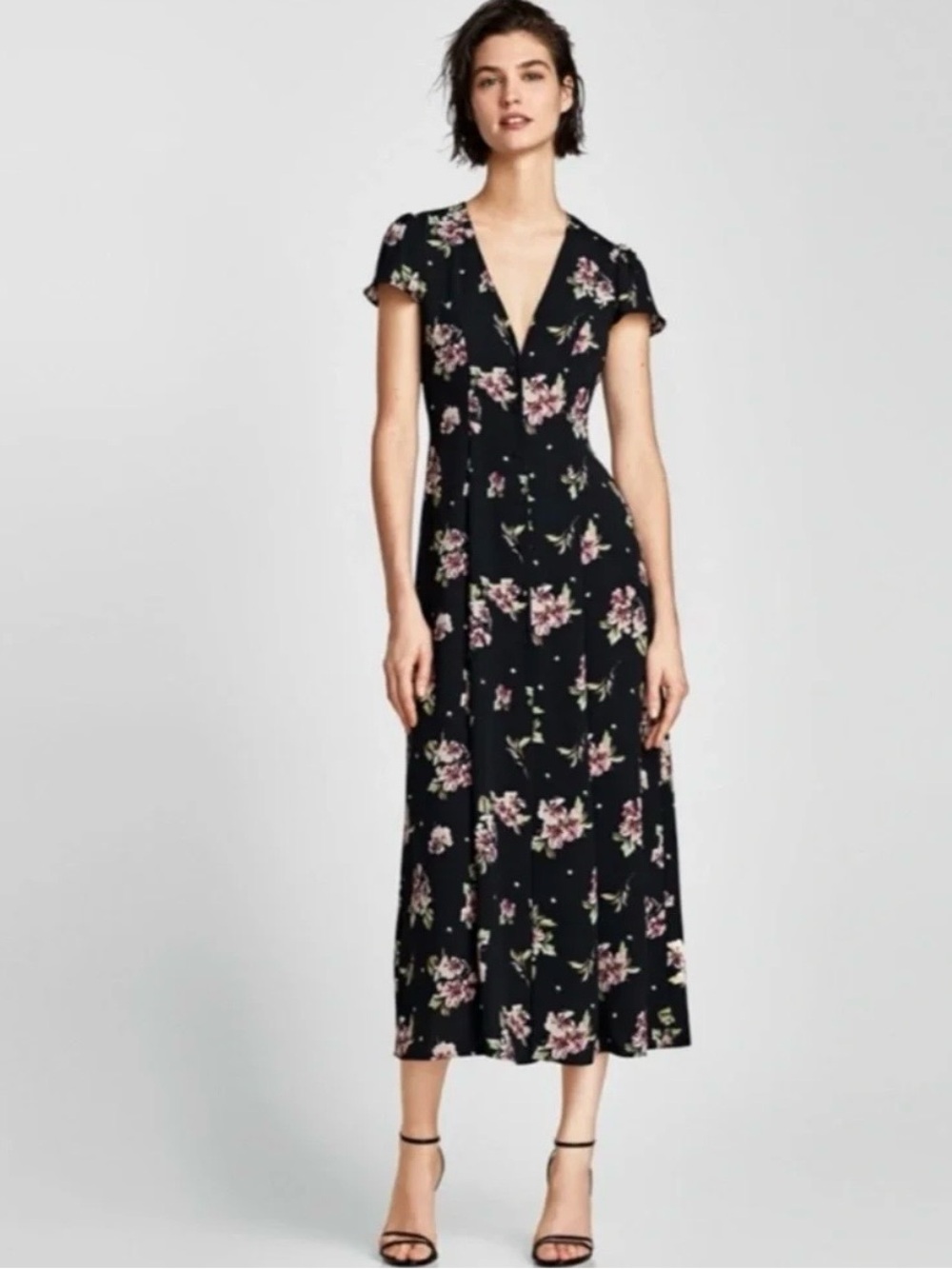 Zara Black Floral Midi Dress with Pink Blossoms